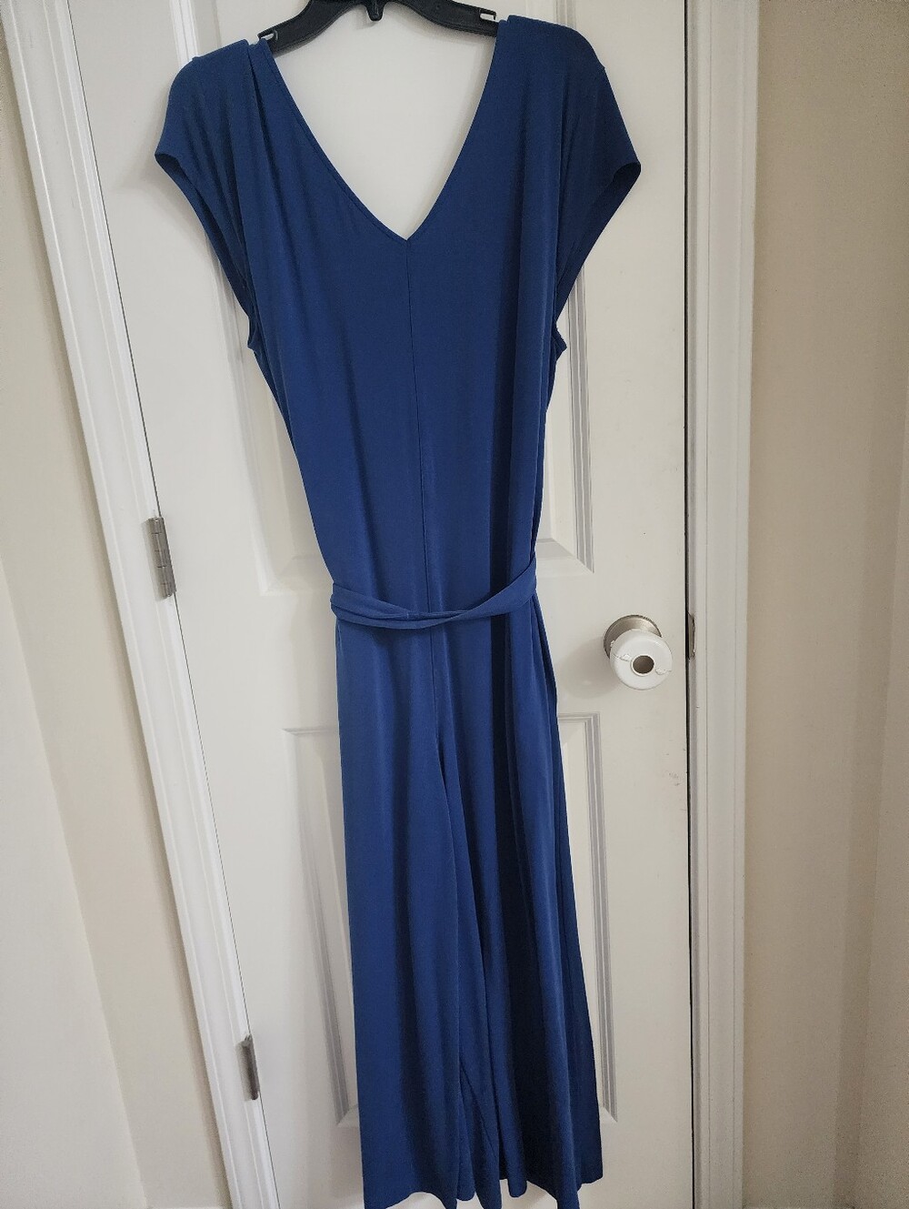Betabrand Elegant Deep Blue V-Neck Romper With Wide Legs - Classic Women's Style